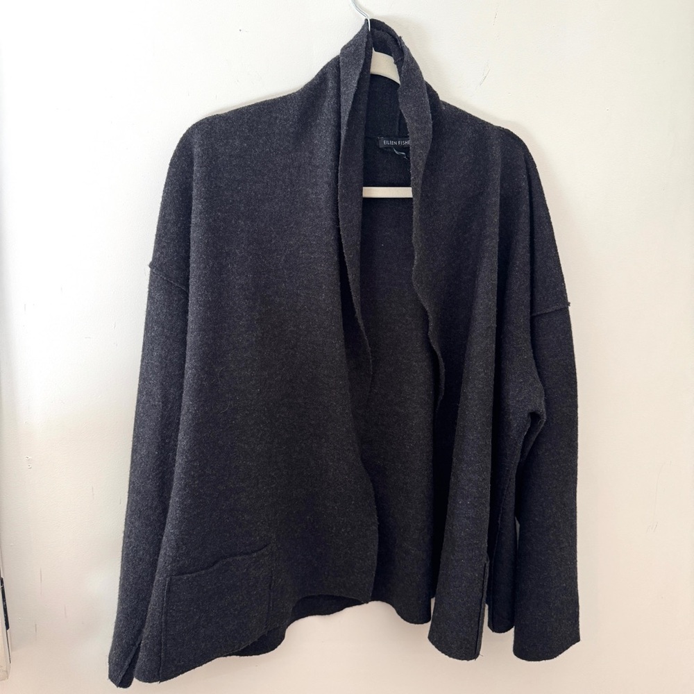 Eileen Fisher Charcoal Open-Front Cardigan Bouled Wool Size L
